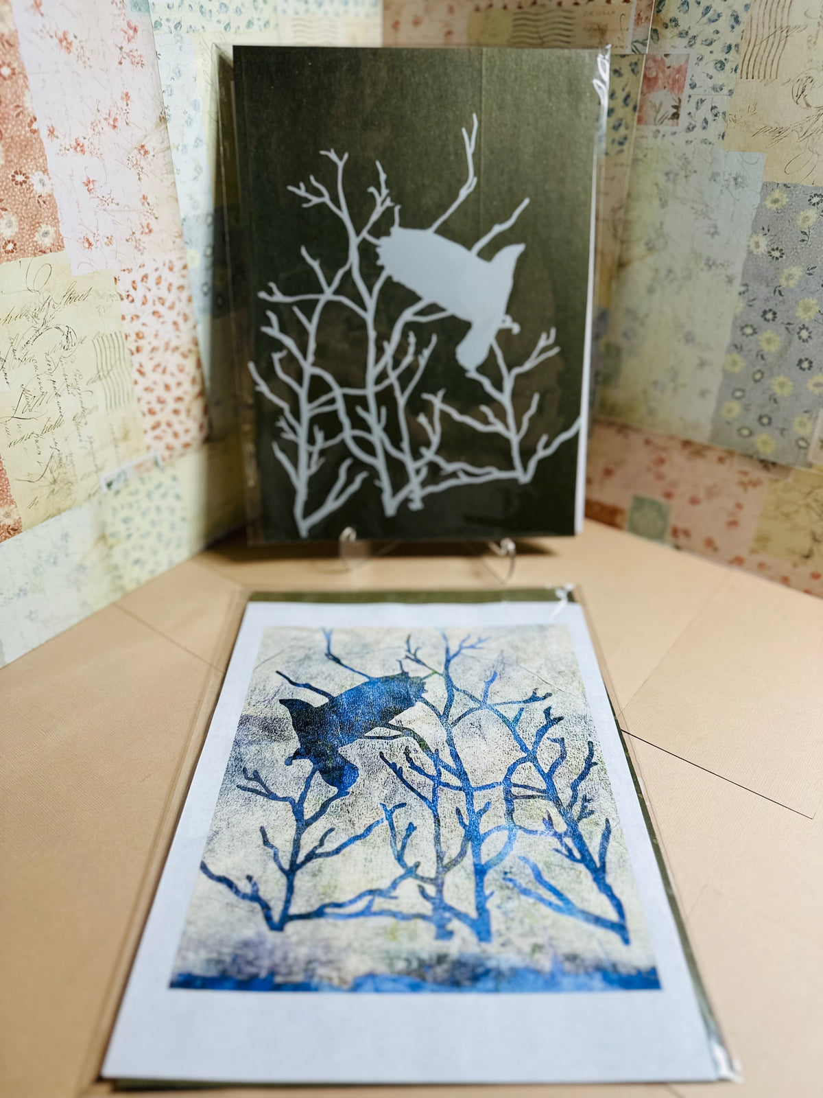 Bird stencil used in layered mixed-media printing
